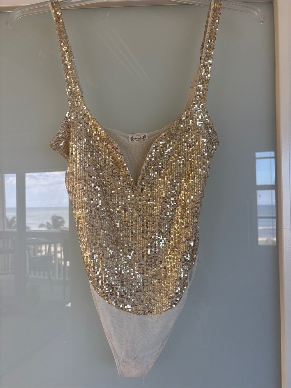 Free People Gold Sequin V-Neck Bodysuit